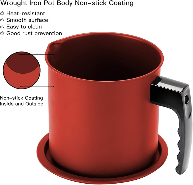 Cambom Bacon Grease Container with Fine Mesh Strainer, 1.3 L almost 6 Full Cups Iron Cooking Oil Can with Removable a Coaster Tray for Kitchen Fat Storage Red