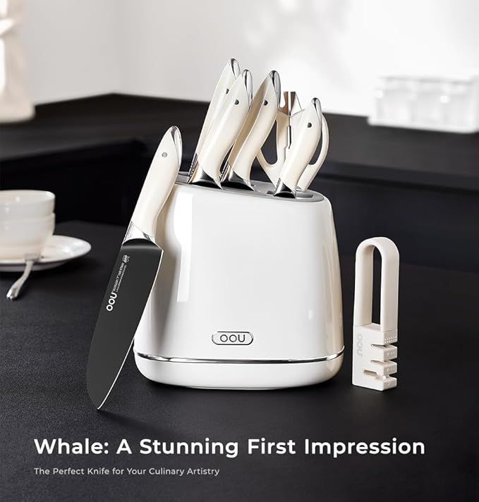 OOU Kitchen Knife Block Set - 15 Pieces High Carbon Stainless Steel Chef Knife Sets, Anti-Rust Black Knives Set with Sharpener，White