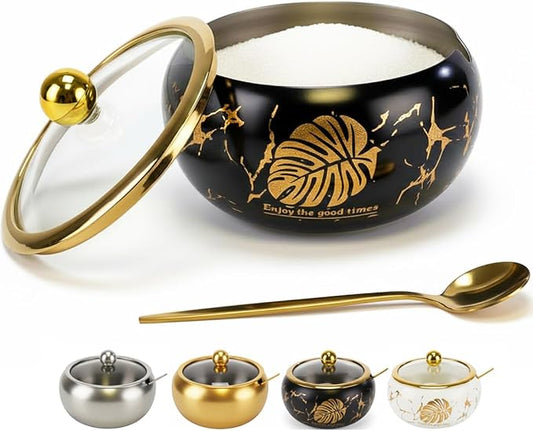 15OZ Sugar Bowl with Glass Lid and Spoon, Sugar Container of Coffee Bar Accessories, Stainless Steel Jar for Salt, Tea, Brown Sugar Cube, Dishwasher Safe, Kitchen Decor Countertop Storage, Black