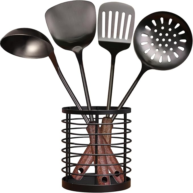 MARTE 18/10 Stainless Steel Cooking Utensil Set with Holder - 5 PCS Kitchen Serving Utensils Set - Spatula,Soup Ladle,Skimmer Slotted Spoon,Turner Spatula - Black Cooking Tools - Dishwasher Safe
