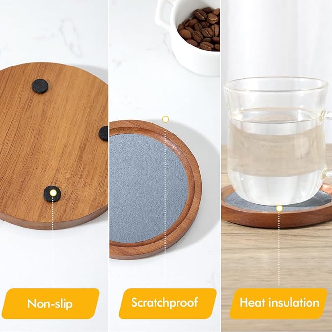 Acacia Wood Coasters for Drinks, HALE OTEIR 4.13 Inch Felt Wooden Coasters for Coffee Table Absorbent Set of 6 with Holder, Natural Wood Stackable Reusable Coasters for Home Office Coffee Bar Table