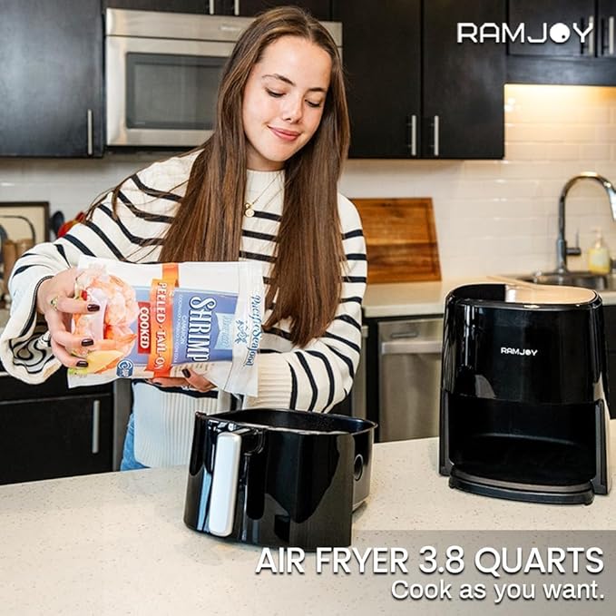 RAMJOY Air Fryer 3.8 Quarts for 1-2 people, 8-in-1 Functions, Air Fry, Roast, Bake, Broil, Preheat, Shake, Digital Small Air Fryer, Nonstick Dishwasher-Safe Basket, Compact Air Fryers, Black