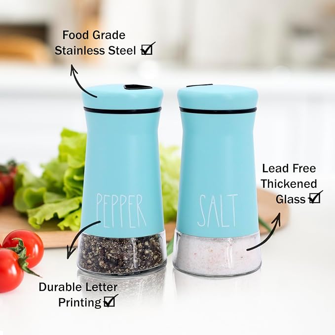 Teal Salt and Pepper Shakers with Adjustable Pour Holes, Refillable Salt Shaker by Aelga, Ideal for Himalayan, Kosher, Black and White Pepper, Teal Kitchen Accessories