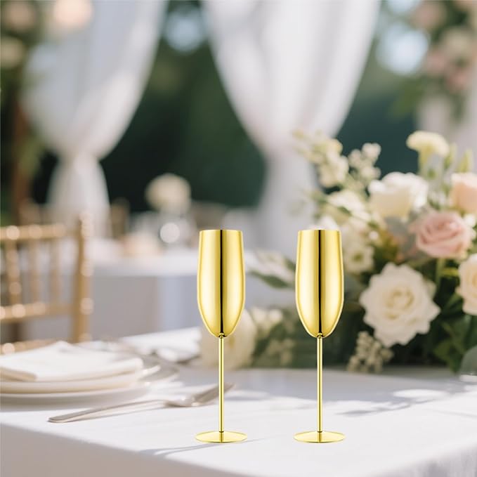 Stainless Steel Champagne Flutes Set of 4-Wedding &Birthday Gifts,8.5 Oz Unbreakable Champagne Glass with Long Stem,Reusable Indoor Outdoor Drinkware (Gold)