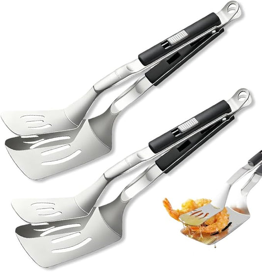 Stainless Steel Grill Clamp, 2026 Upgraded Multifunctional Frying Spatula, Rubber-Grip Tongs-Spatula, Perfect for Grilling, Cooking, Frying, and Griddling (2)