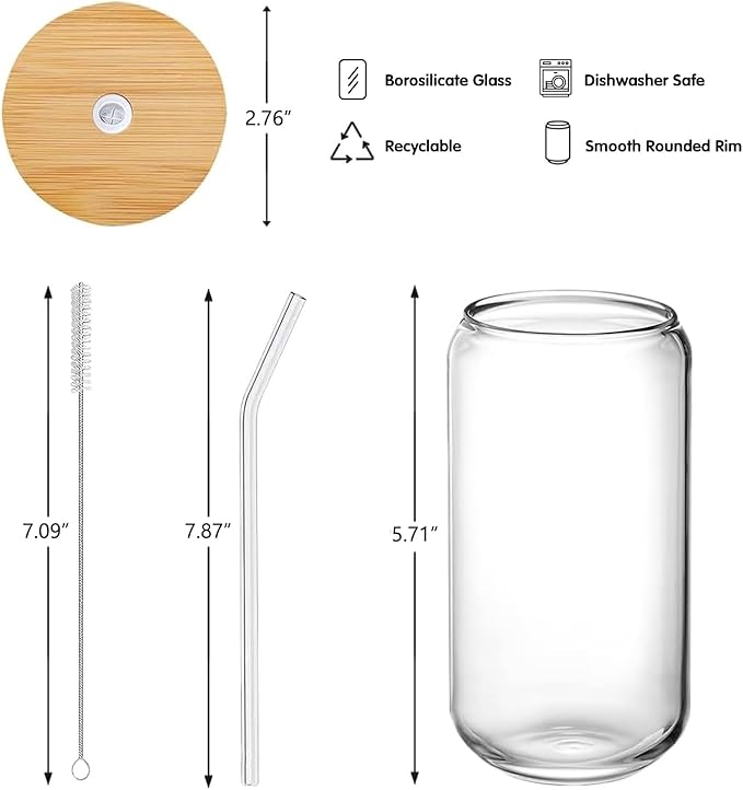 Glass Cups with Lids and Straws Set of 6 – 16oz Holiday Glass Tumblers for Iced Coffee, Juice, or Cocktails – Reusable Family Drinkware Set for Christmas, Thanksgiving, or Gatherings