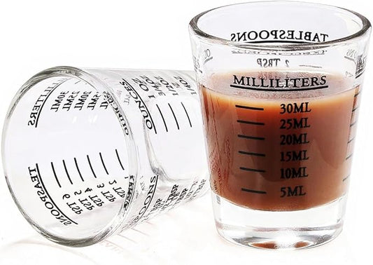 2 Packs Shot Glass Measuring Cups for Bartending, Espresso Jigger with 4 Incremental Measurements (1 OZ, 2 TBS, 6 TSP, 30 ML), Non-Fading, Thick Base Heavy Glass Kitchen & Bar Accessories (Black)