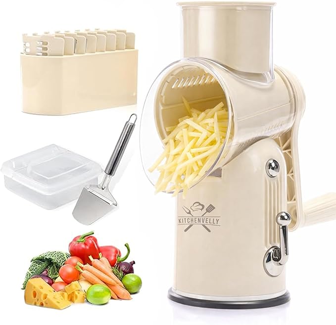 5-in-1 Rotary Cheese Grater with Hand Crank – Multi-Functional Vegetable Slicer, Nut & Cheese Shredder – Easy to Clean Food Grater (Beige)