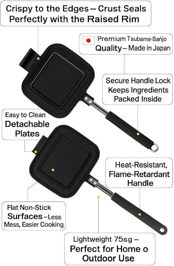 ] Grilled Sandwich Stovetop Panini Maker For Gas Fire, Hot Sandwich Maker Non-Stick Detachable Top and Bottom Pans, Made in Japan, for Home kitchen Breakfast Outdoors Camping 1.67 lb