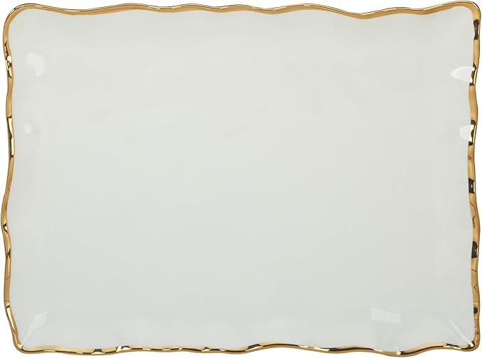 Regency Gold Porcelain Rectangular Platter with Scalloped Edges, Metallic Gold Rim, 16x11.75in, Elegant Serving Dish for Appetizers, Desserts & Buffet, Durable Dinnerware for Entertaining & Everyday