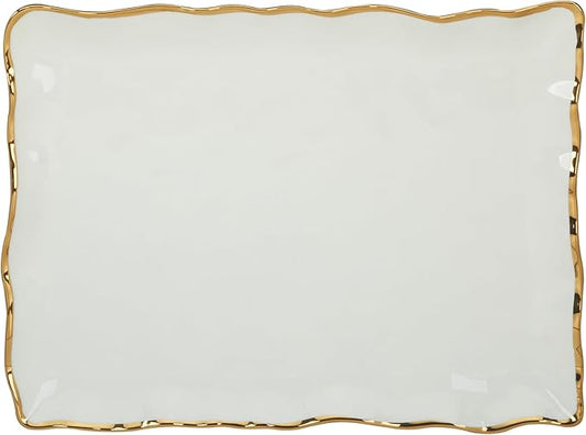 Regency Gold Porcelain Rectangular Platter with Scalloped Edges, Metallic Gold Rim, 16x11.75in, Elegant Serving Dish for Appetizers, Desserts & Buffet, Durable Dinnerware for Entertaining & Everyday
