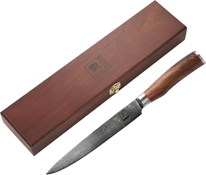 zayiko Carving Knife – 8-Inch Damascus Chef Knife | 67 Layers Steel with VG10 Core | Ergonomic Walnut Wood Handle | Professional Meat and Kitchen Knife in Gift Box