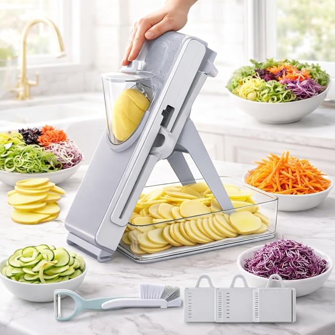Mandoline Slicer Adjustable – Safe Vegetable Chopper & Potato Slicer with Container – Multifunctional Food Cutter Dicer for Salad & Fries – Kitchen Tool Gift Set (Grey)
