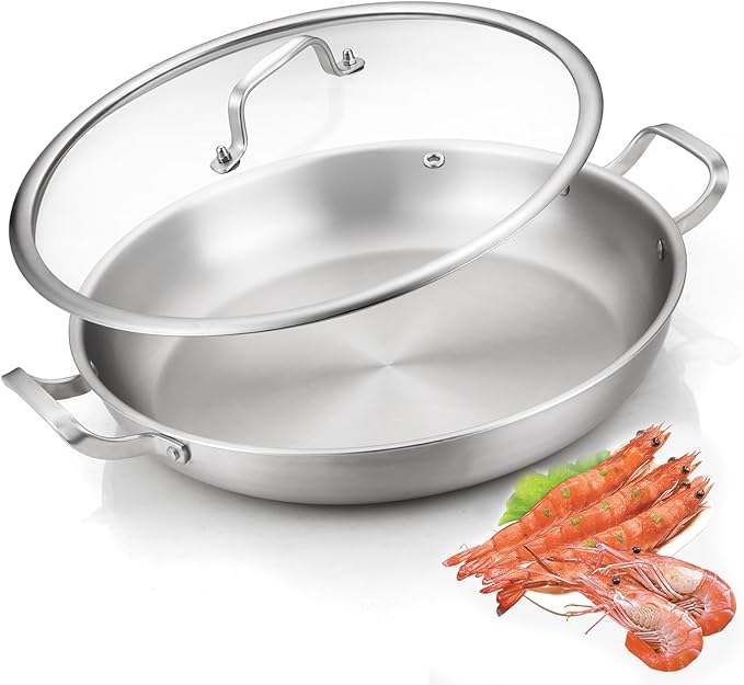 Yeksum Tri-Ply Stainless Steel Paella Pan Large Saute Pan with Lid (Stainless Steel, 13.5 INCH)