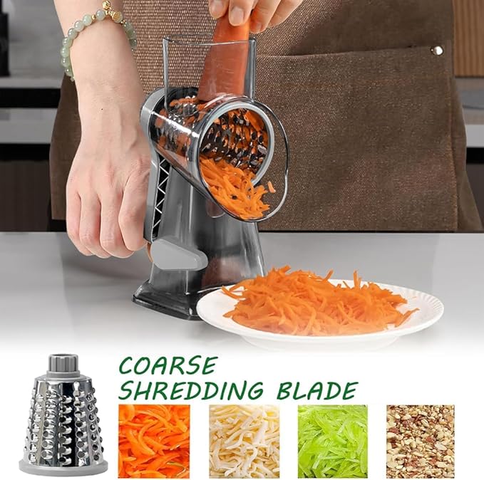 Cheese Grater Rotary Cheese Grater,Versatile Cheese Shredder,Blades for Shredding, Grating, Slicing,Cheese Shredder with Suction Base and Cleaning Brush Kitchen Gift (gray)