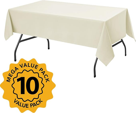 10-Pack Ivory Tablecloths for Rectangle Tables, 60 x 84 Inches, Stain-Resistant Polyester Fabric for 4 Foot Tables - Washable Table Covers for Weddings, Banquets, Birthday Parties, Events