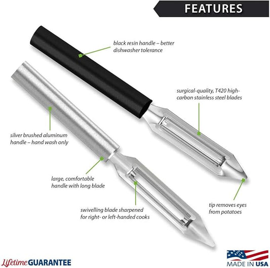 Rada Cutlery Deluxe Vegetable Peeler (R141), 2" Stainless Steel Swiveling Blade, Silver Handle