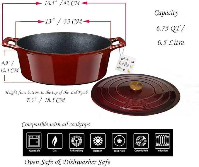 La Cuisine Enameled Cast Iron Oval Dutch Oven Casserole Dish Pot with Lid 6.75 QT Internal Matte Black Enamel Coating for bread baking, Gold-Plated Stainless Steel Lid Handle, Oven Safe up to 500° F. Cranberry