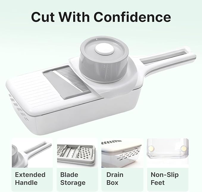 Mandoline Slicer for Kitchen with Drain Box, 6-in-1 Handheld Vegetable Slicer for Salad Prep, Cucumber & Cabbage Slicer with Safety Guard, Upgraded Long Handle Veggie Slicer for Easy Cleaning