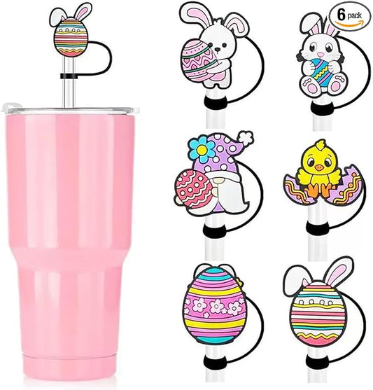 Easter Straw Toppers Covers Silicone Easter Bunny Straws Tips Cover Protector Bunny Toppers for Tumblers Cap Dustproof Reusable Tip Lids for 1/4-1/3 in Drinking Cup Accessories 6Pcs