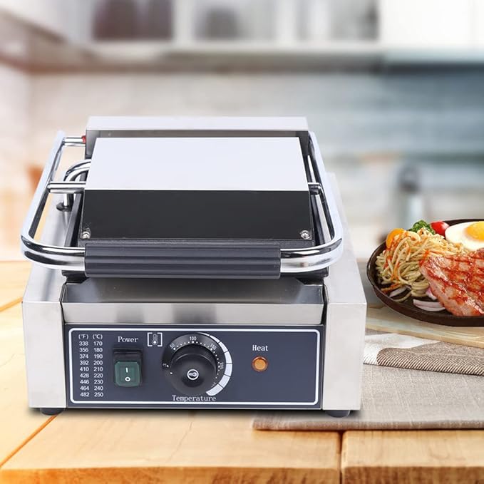 Commercial Panini Press Grill, 1800W Electric Stainless Steel Sandwich Maker, Portable Toaster with Handle Temp Control, Smooth Flat Surface Electric Griddle for Hamburger Steak Bacon