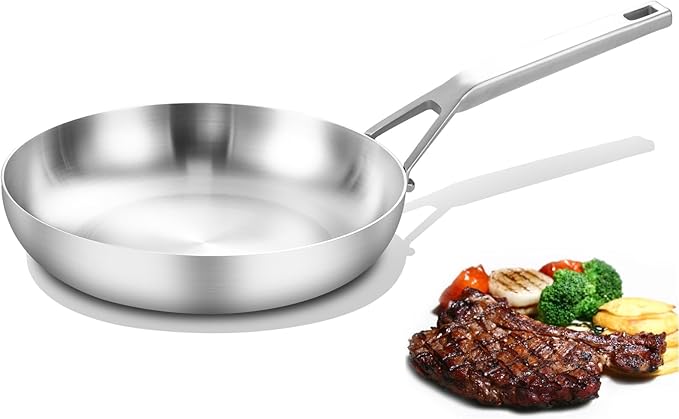 Yeksum Tri-Ply Fully Bonded Stainless Steel 8inch Frying Pan, Omelette Pans, Egg Pan Durable Chef's Pan, Kitchen Skillets 8in, Induction Pan for Steak,Egg, Compatible with All Cooktops, Up to 600℉
