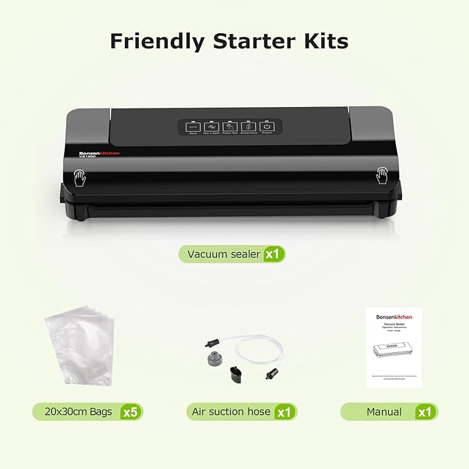 Bonsenkitchen Vacuum Sealer, Multi-Functional Food Sealer with 5 Vacuum Bags, Fast-Compact Design,External Vacuum System & Accessory Tube, Black