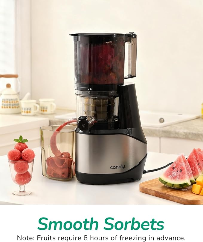 Canoly C09 Cold Press Juicer, 6" Extra Wide Feed Chute, 3-IN-1 Strainers (Juice & Sorbet & Nut Milk), Powerful AC Brushless Motor, Self Precut System, Juicer Machines with BPA-Free (Classic)