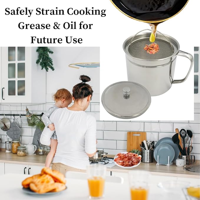 Evelots Cooking Oil Storage Can-Bacon Grease Keeper-2 Pack-Stainless Mesh Strainer-Easy Grip Handle-Large 5 Cup Fat Storage