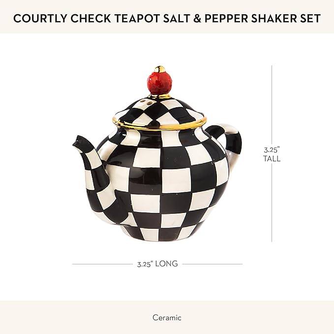 MACKENZIE-CHILDS Teapot Salt and Pepper Shaker Set, Ceramic Salt and Pepper Holders, Black-and-White Courtly Check