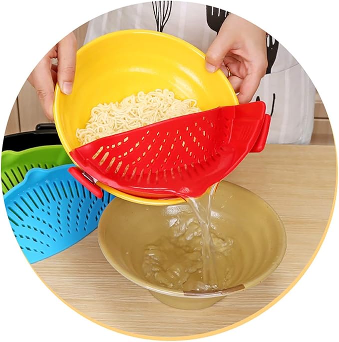 Snap Strainer, Clip on Strainer for Pots Pans, Hands-free Clip-on Heat Resistant Silicone Colander Pour Spout for Pasta Vegetable Noodles, Colander and Sieve Snaps On Pots Bowls Pans