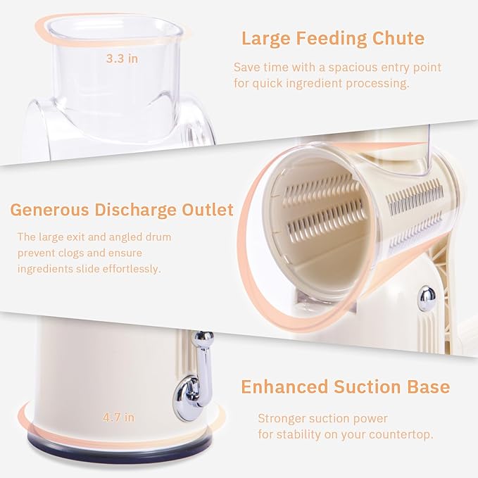 Manual Rotary Cheese Grater with Handle, 5 in 1 Replaceable Stainless Blades Cheese Shredder,Strong Suction Base Vegetable Slicer with Cleaning Brush & Bonus Storage Box for Blades (white)