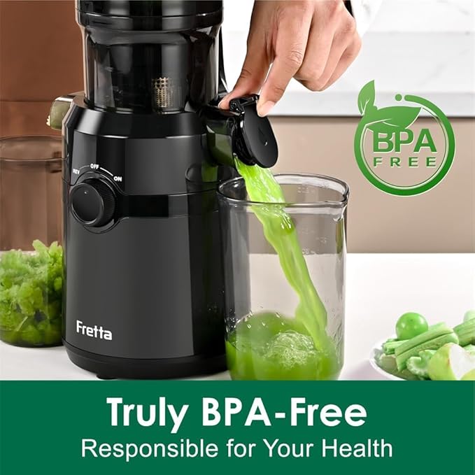 Juicer Machines,Fretta Cold Press Juicer with 4.25" Large Feed Chute,Fit Whole Fruits & Vegetables,High Juice Yield,PCTG Material,BPA-Free,Black