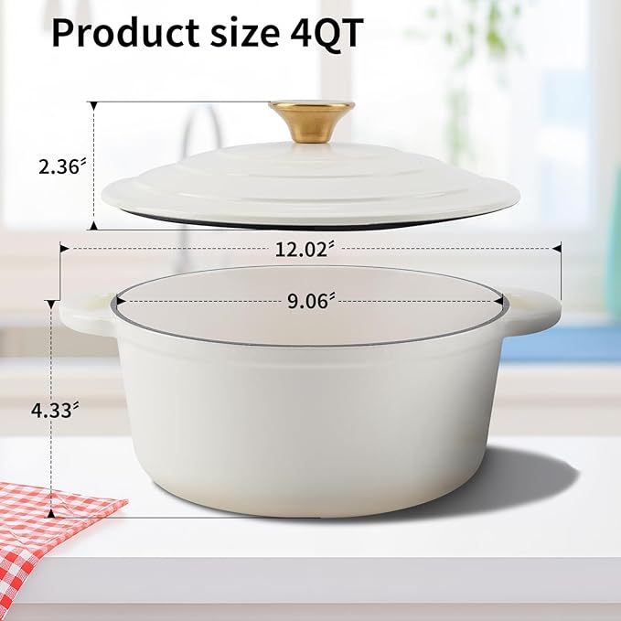 WOKINS Enameled Cast Iron Dutch Oven Pot with Lid Heavy-Duty Cookware for Bread Baking,Braising,Stews,Roasting,Oven Safe up to 500°F,4QT,creamy white