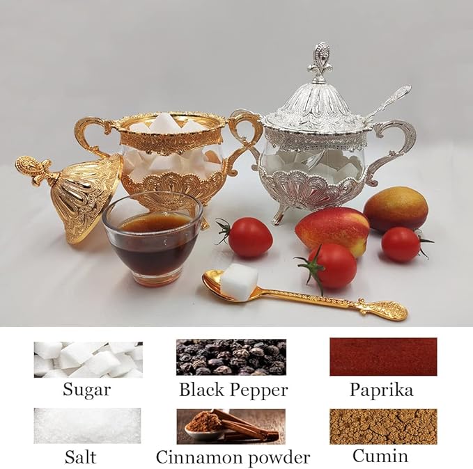 Hourwof Sugar Bowl with Lid and Spoon for Kitchen Coffee Bar and Wedding Party,Metal and Glass Sugar Container for Sugar Cube and Powder Sugar,Spice Condiment Container,Salt Server,Silver