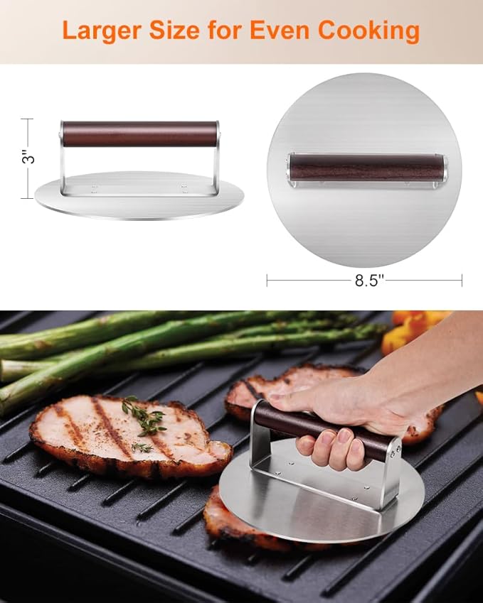 Brigii 8.5" Stainless Steel Smashed Burger Press, Round Flat Edge Grill Press for Crispy Smash Burgers, Hamburger Tool for Grill and Griddle Accessories, for BBQs and Tailgates, Dishwasher Safe