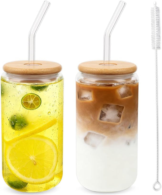 Alotpower Borosilicate Glass Cups with Lids and Straws, 16 oz Reusable Tumbler Set (2-Pack) Includes Bamboo Lids, Glass Straws & Brush for Iced Coffee, Bubble Tea, Cold Beer, Juice