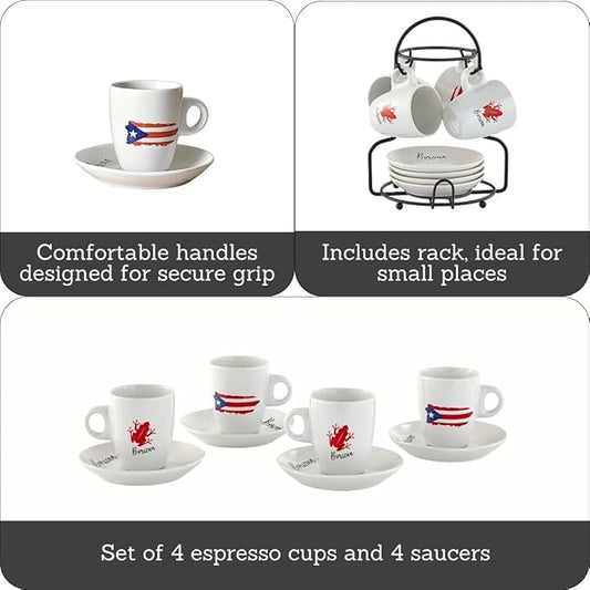 IMUSA 8pc 3oz Boricua Espresso Cups & Saucers Set w/Rack