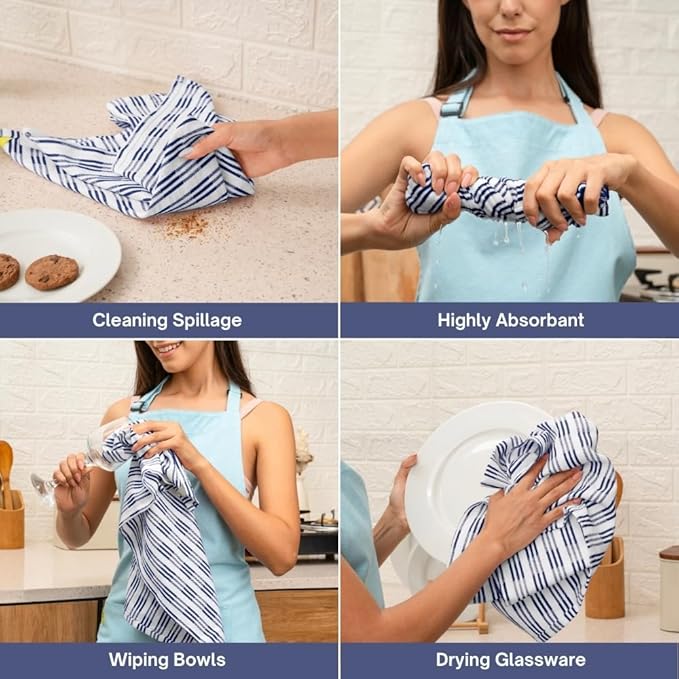 Kitchen Towel Set of 6-100% Cotton Quick-Drying & Absorbent Dish Cloths - 18x28 Inch Farmhouse Tea Towels with Blue Stripes, Twill Weave