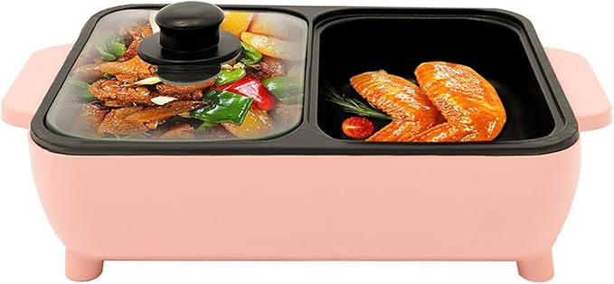 Electric Hot Pot with Grill 2-in-1 Non-stick Pan and Griddle Combo Multi-functional Barbecue Shabu Hot Pot Pink Indoor Cooking Appliance with Dual Temperature Control for 1-4 People