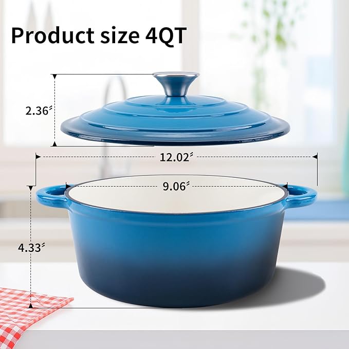 WOKINS Enameled Cast Iron Dutch Oven Pot with Lid Heavy-Duty Cookware for Bread Baking,Braising,Stews,Roasting,Oven Safe up to 500°F,4QT,blue