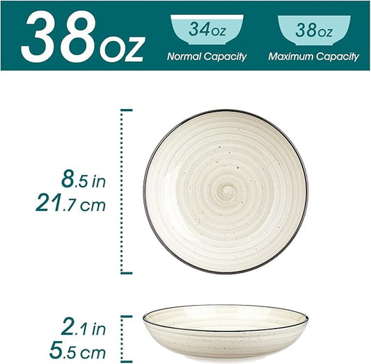 vancasso Bonbon Pasta Bowls Set of 6, 38 Oz Ceramic Salad Bowls, Wide and Shallow Bowls Set, Large Serving Bowls for Kitchen, Beige