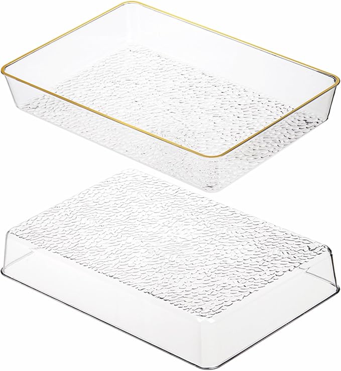 4 Pack Clear Serving Trays, Deep Serving Platters Rectangle 12'' x 8'', Decorative Tray with Gold Rim, Reusable Plastic Tray Organizer for Coffee Table Pantry Party Food Display Spill Proof