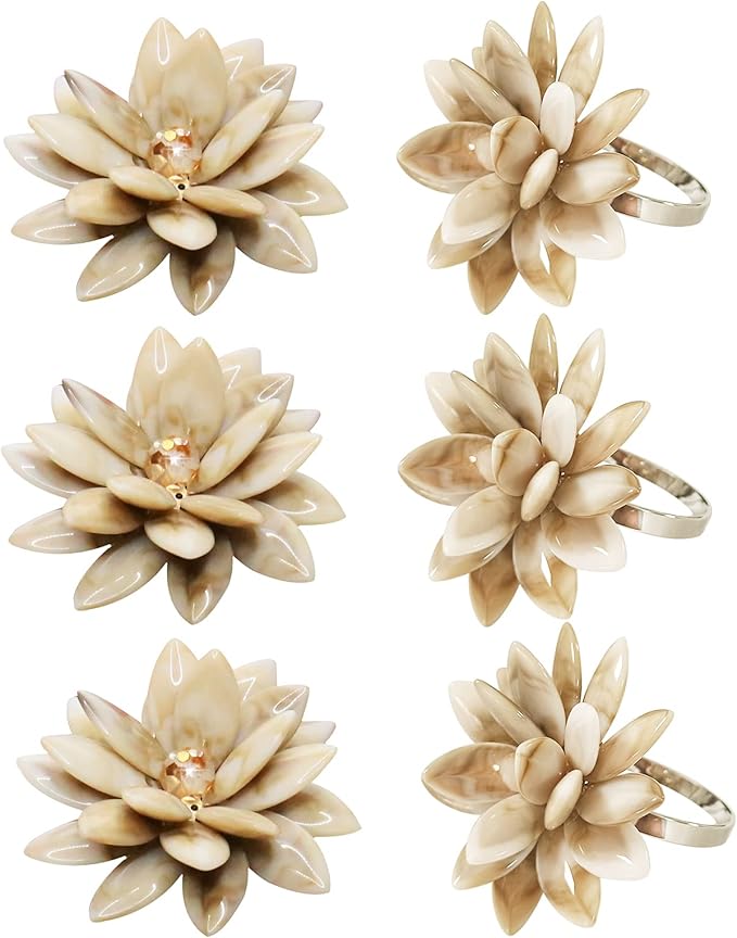 Marble Napkin Rings Set of 6, Succulent Beige Shell Flower Ring Napkin Holder, Bohu Rustic Coastal Table Decoration for Family Gathering, Thanksgiving Day, Christmas Day Kitchen Table Decor