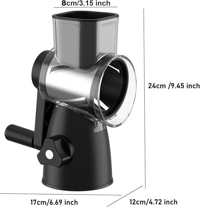JIUMEXES Rotary Cheese Grater Hand Crank with 3-in-1 Blades - Fast, Safe & Effortless Grating, Perfect for Cheese, Vegetables & Chocolate, BPA-Free with Steel Drums,Black