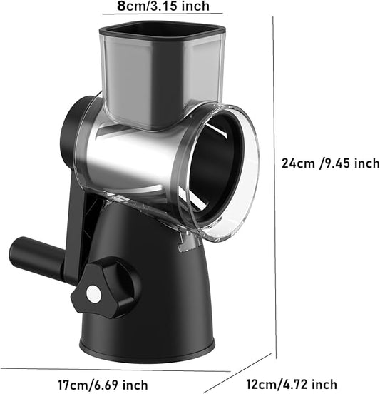 JIUMEXES Rotary Cheese Grater Hand Crank with 3-in-1 Blades - Fast, Safe & Effortless Grating, Perfect for Cheese, Vegetables & Chocolate, BPA-Free with Steel Drums,Black