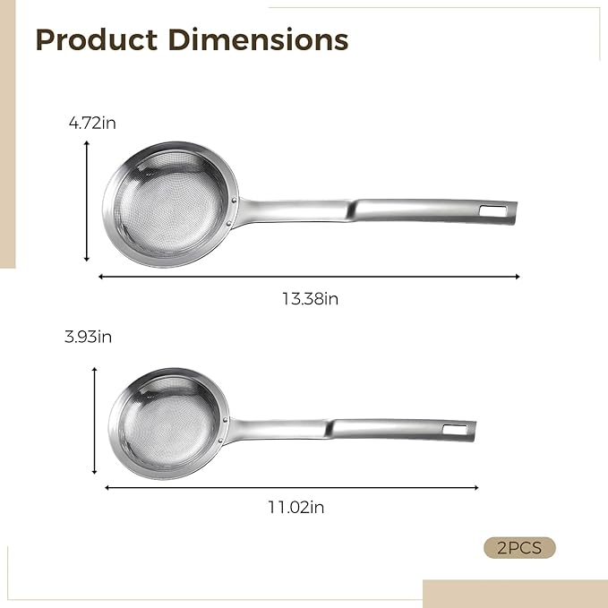 2 Pcs Stainless Steel Slotted Spoon Set, Food Strainers for Kitchen Use, for Skimming and Draining, 3.94 in and 4.72 in Strainers Ideal for Hot Pot