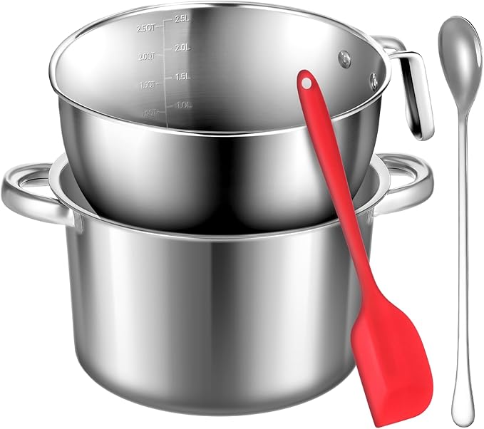 BOHUIZ 304 Stainless Steel Double Boiler with Spatula and Spoon, 4.2QT Dual-Handle Pot 2.6QT Melting Bowl with Scale and Handle Stackable Water Bath Melting Pot Set for Chocolate, Butter, Sugar, Wax