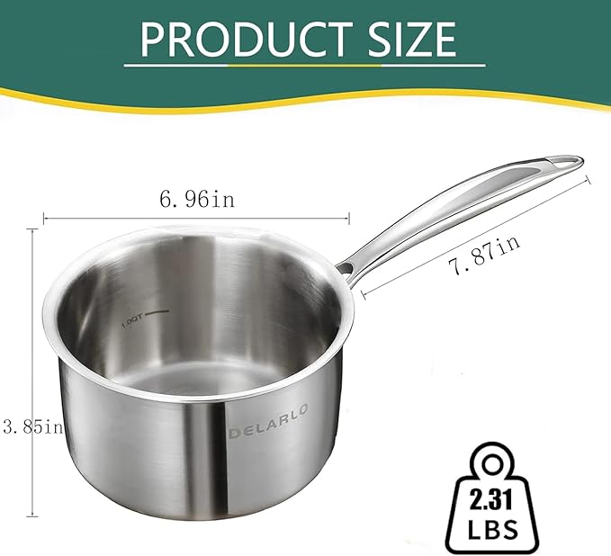 DELARLO Stainless Steel Small Brushed Saucepan With Lid, Induction Cooking Sauce Pot Pan, Full-body Clad Tri-Ply Heavy Bottom Saucier Cookware, Dishwasher Safe & Oven Safe(2 Quart)