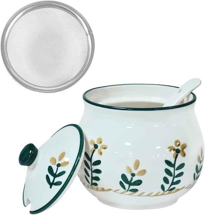 Koythin Ceramic Bacon Grease Container with Strainer, 23 oz Suitable for Storing Frying Oil and Cooking Grease (Floret)